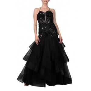 NEW COLORS DRESS embroidered plunging neckline gown in black